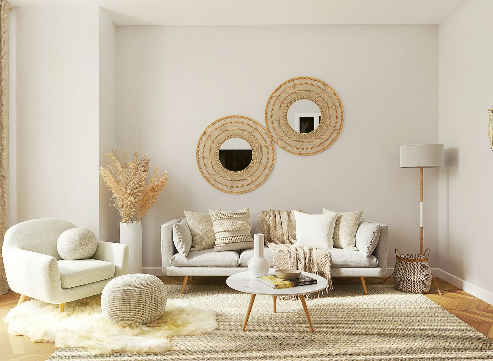 A styled living room with a sofa and armchair